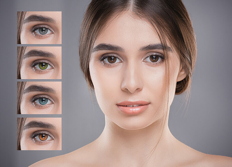 an image of a model wearing different colour lenses