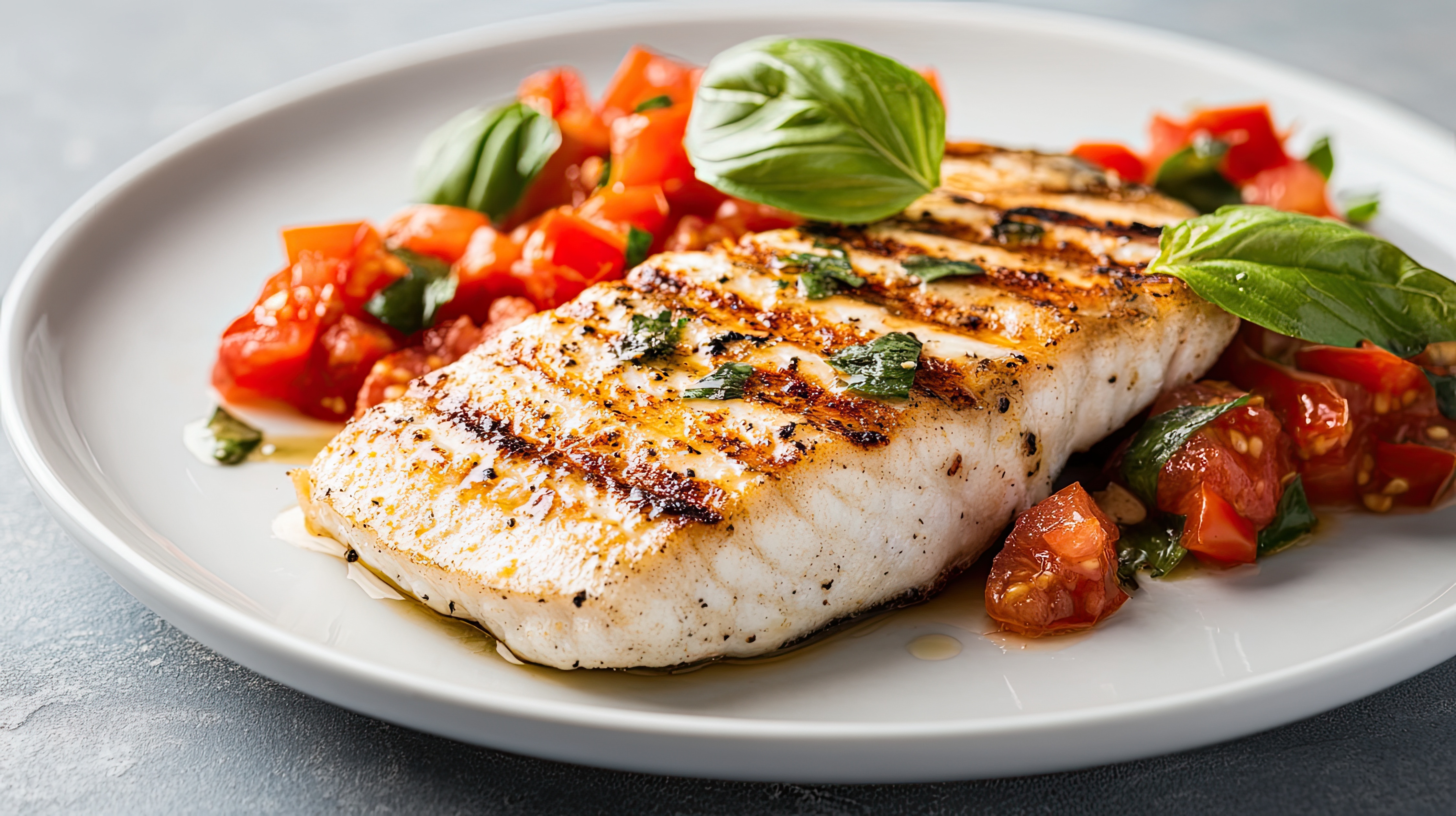 Grilled sea bass fillet served with fresh chopped tomatoes